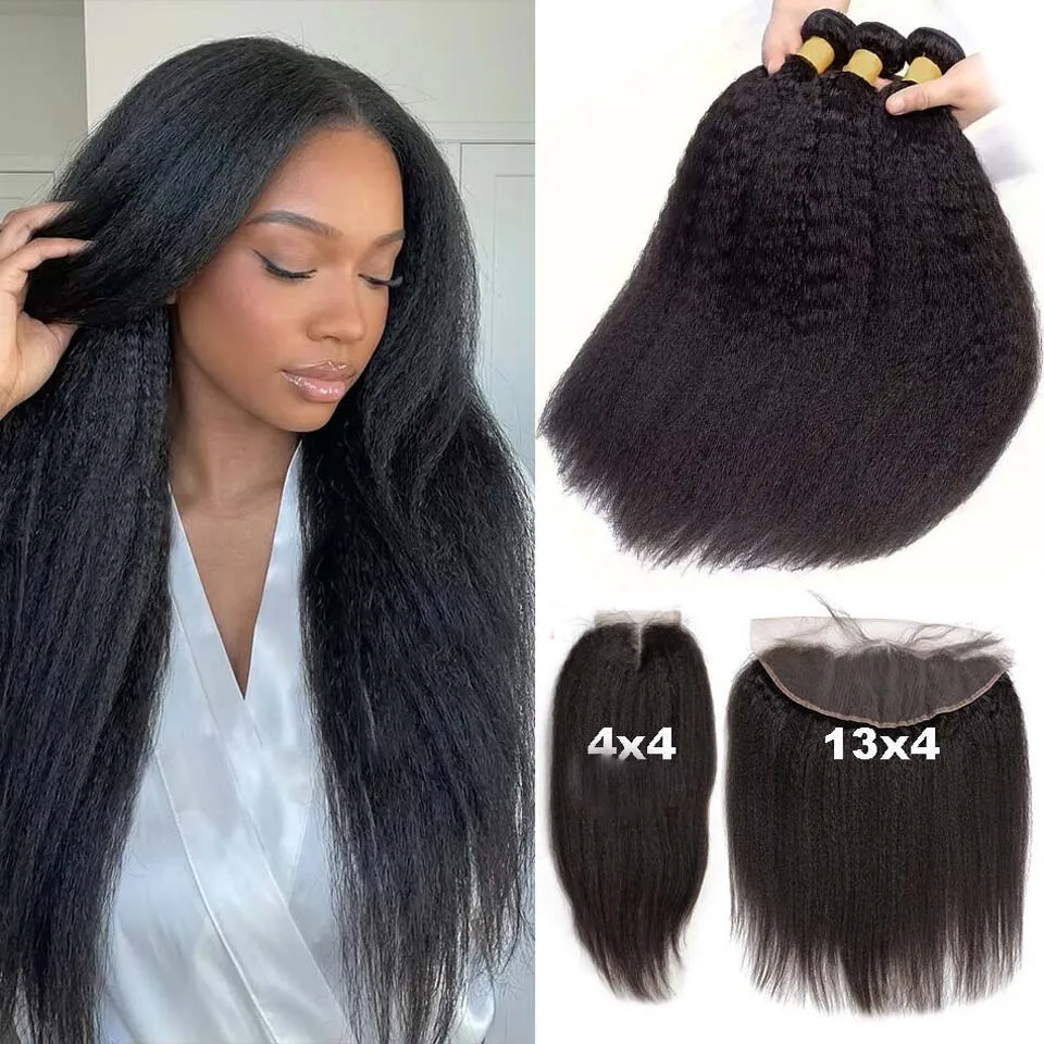 

Raw Indian Kinky Straight Human Hair Bundles With Closure 4B 4C Natural Virgin Yaki Straight Curly Soft Human Hair Weave Bundles