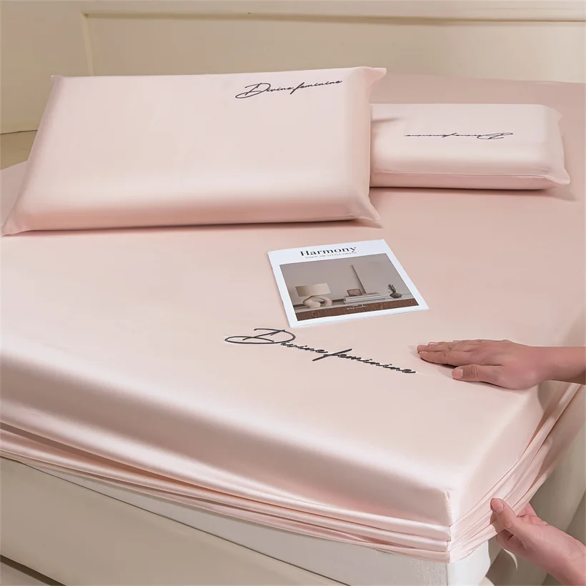 100% Lyocell Fitted Sheet with Elastic Band Luxury Eucalypthus Bed Sheets Double Queen Size Mattress Cover Embroidered Bed Cover