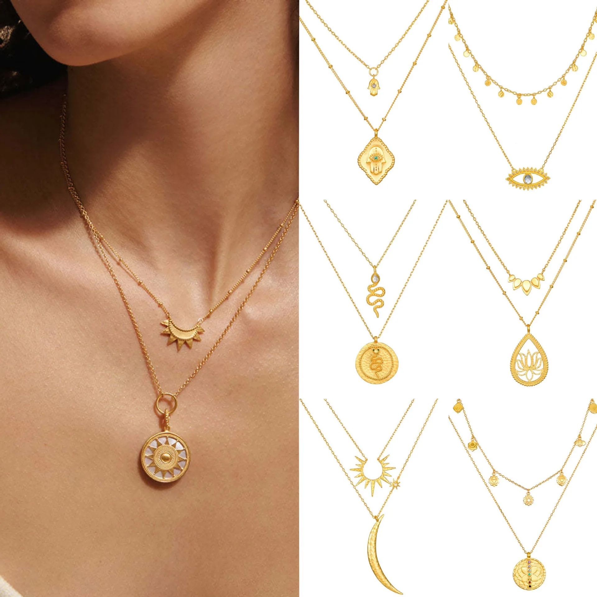 قلادة على الطراز البوهيمي، من الفولاذ المقاوم للصدأ مطلية بالذهب عيار 18 قيراط، مجوهرات ذات طبقات غامضة، مناسبة للنساء