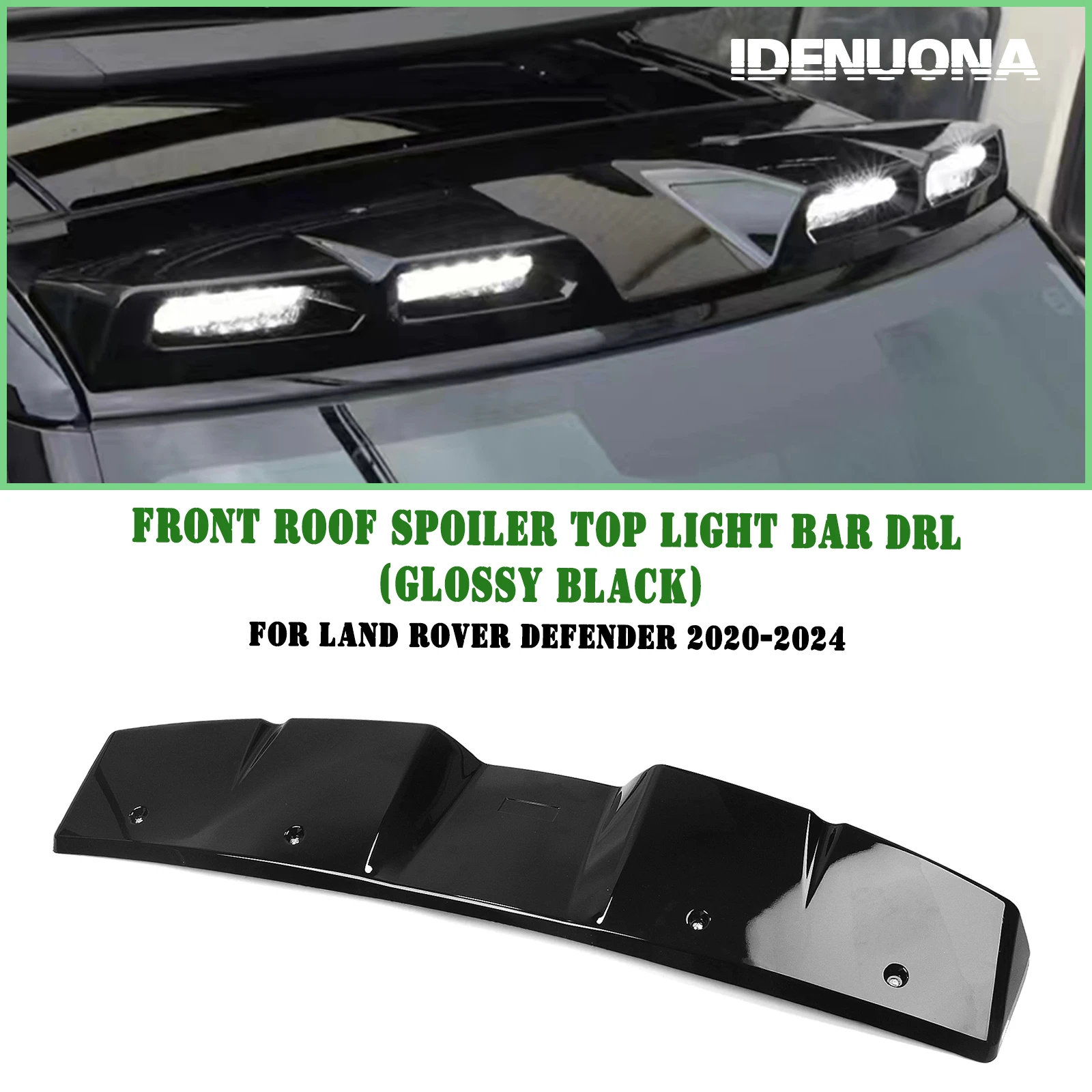 

For Land Rover Defender 90 110 2020-2024 Gloss Black Front Roof Spoiler With Dome Light Bar DRL 4PCS LED Daytime Running Lamp