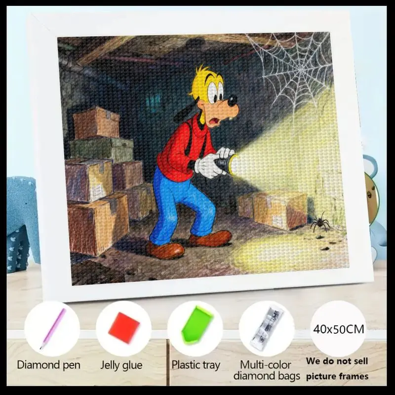 

5D полный дрель DIY комплект алмазной живописи, забавный персонаж мультфильма Диснея Гуфи, держащий фонарик, взрыв темной комнаты с пауком