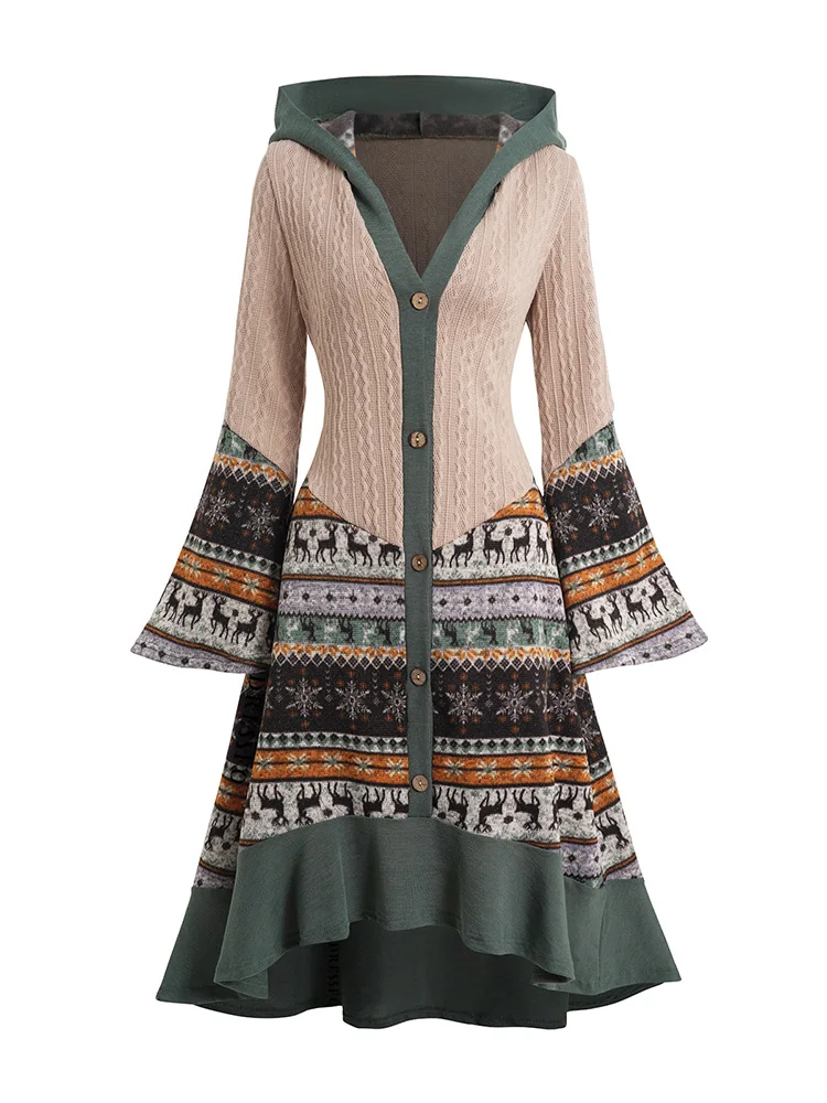 Abiti natalizi da donna Elk Snowflake Tribal Pattern Knit High Low floccaggio Liner abito con cappuccio Button Up Flare Sleeve Midi Dress