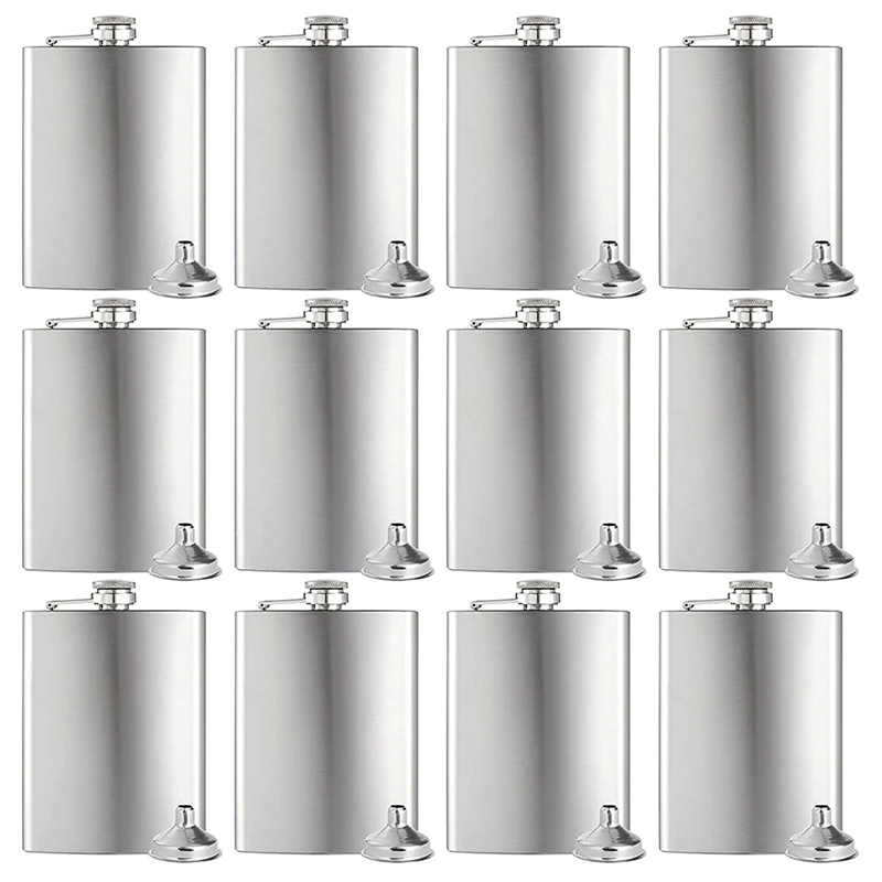 

Set Of 12 Hip Flask 8OZ Flask For Liquor For Men Silver Stainless Steel With 12 Pcs Funnel For Gift, Camping, Party