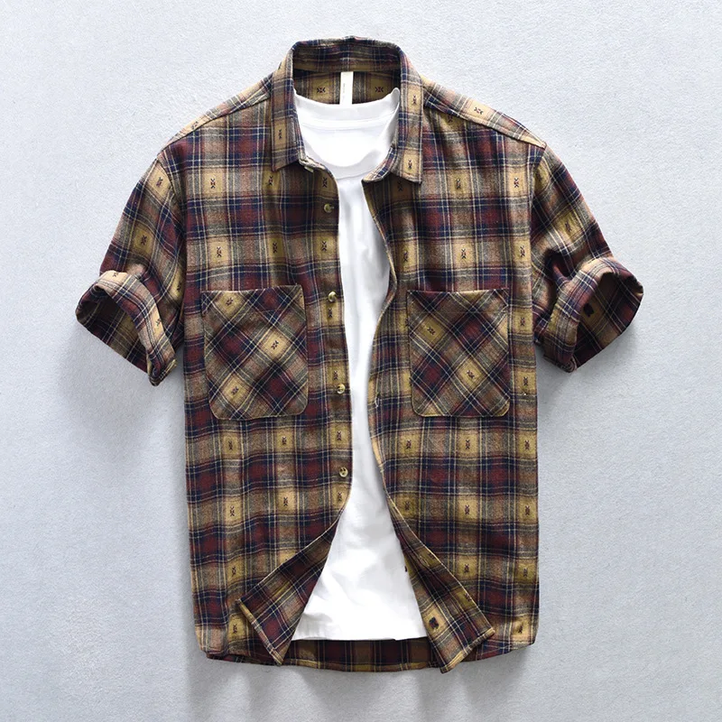 Summer men's fashionable and versatile short sleeved checkered pocket decoration, loose, comfortable, breathable casual shirt