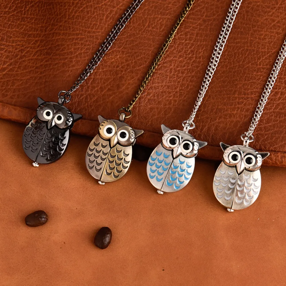 أزياء الوجه نمط قلادة شنقا ووتش صغيرة لطيف البومة المفاتيح ساعة الجيب على سلسلة الكرتون الأطفال الساعات ارتداء اليومي