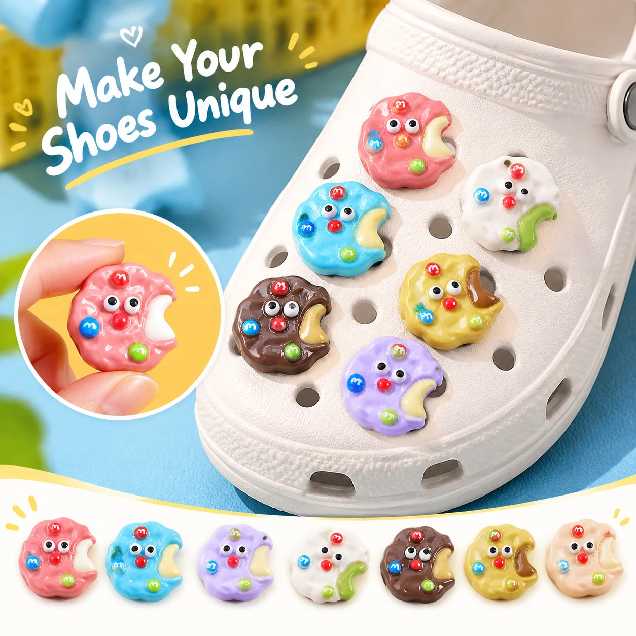 16pcs Mixed Cute Cartoon Bitten Cookie Resin Shoe Charms - Kawaii Food Clog Decor for Sandals & Beach Bags