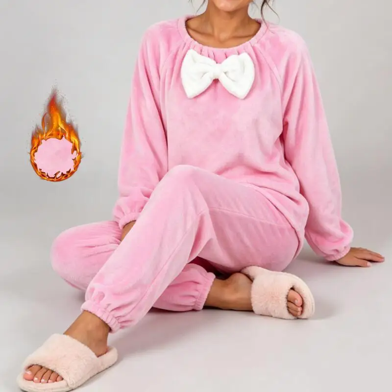 Women Pajamas Set Kimono Gown Flannel Sexy Sleepwear Bow Elastic Round Collar Homewear Elastic Cuff Nightgown Elegant Nightie
