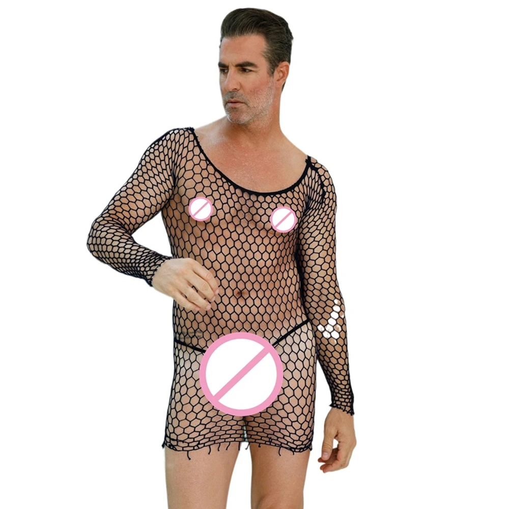 Men's Sexy Mesh Lingerie One-piece Bodycon Dress Crotchless Erotic Nightwear Cool Male Sexy Underwear for Boyfriend