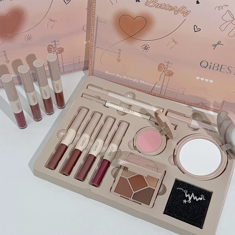 QIBEST-Juego de maquillaje facial, 4 unidades, esmalte de labios de doble extremo, polvo prensado, rubor, sombra de ojos, lápiz para cejas, delineador de ojos, cosméticos de regalo de aceite para labios