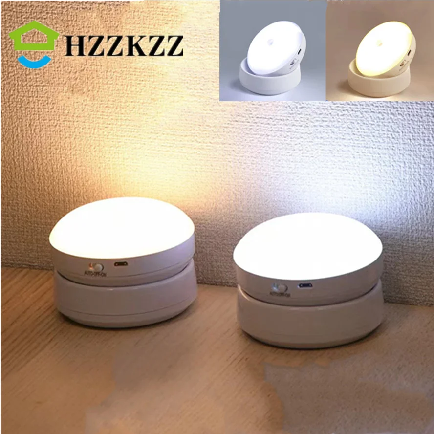 HZZKZZ USB Charging Cabinet Night Lamp Wireless Motion LED Night Light Bedside Table For Bedroom Home Closet Sensor Round Lights