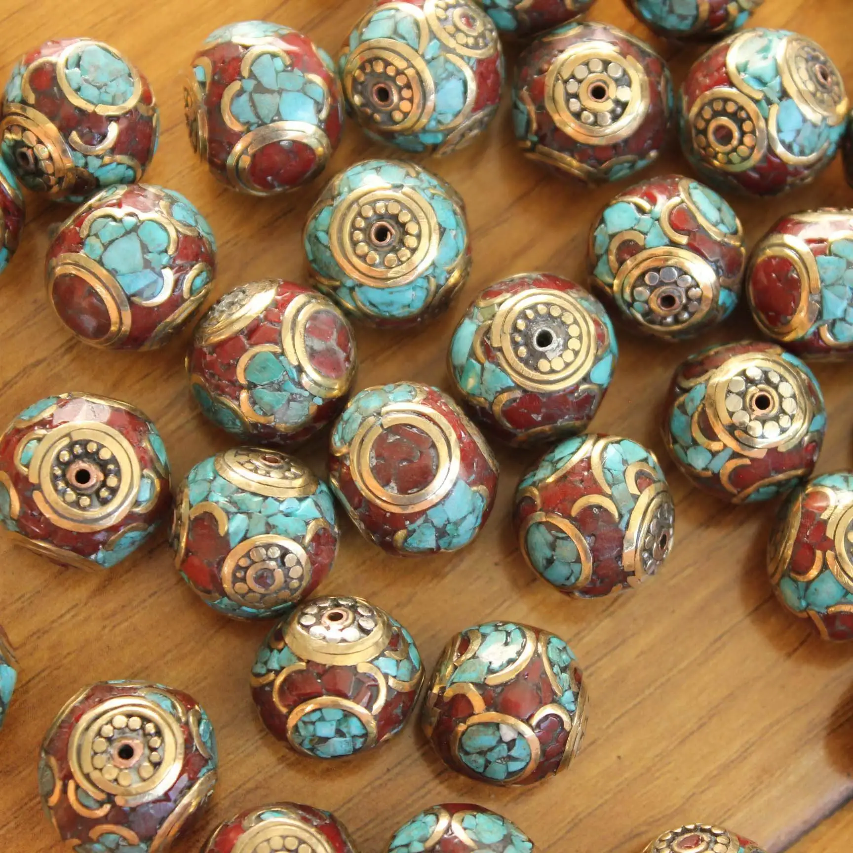 BD151 Nepal Handmade Beads Brass Colorful Stone 16mm Round Ball Beads Jewelry Accessories 4 Beads Lot