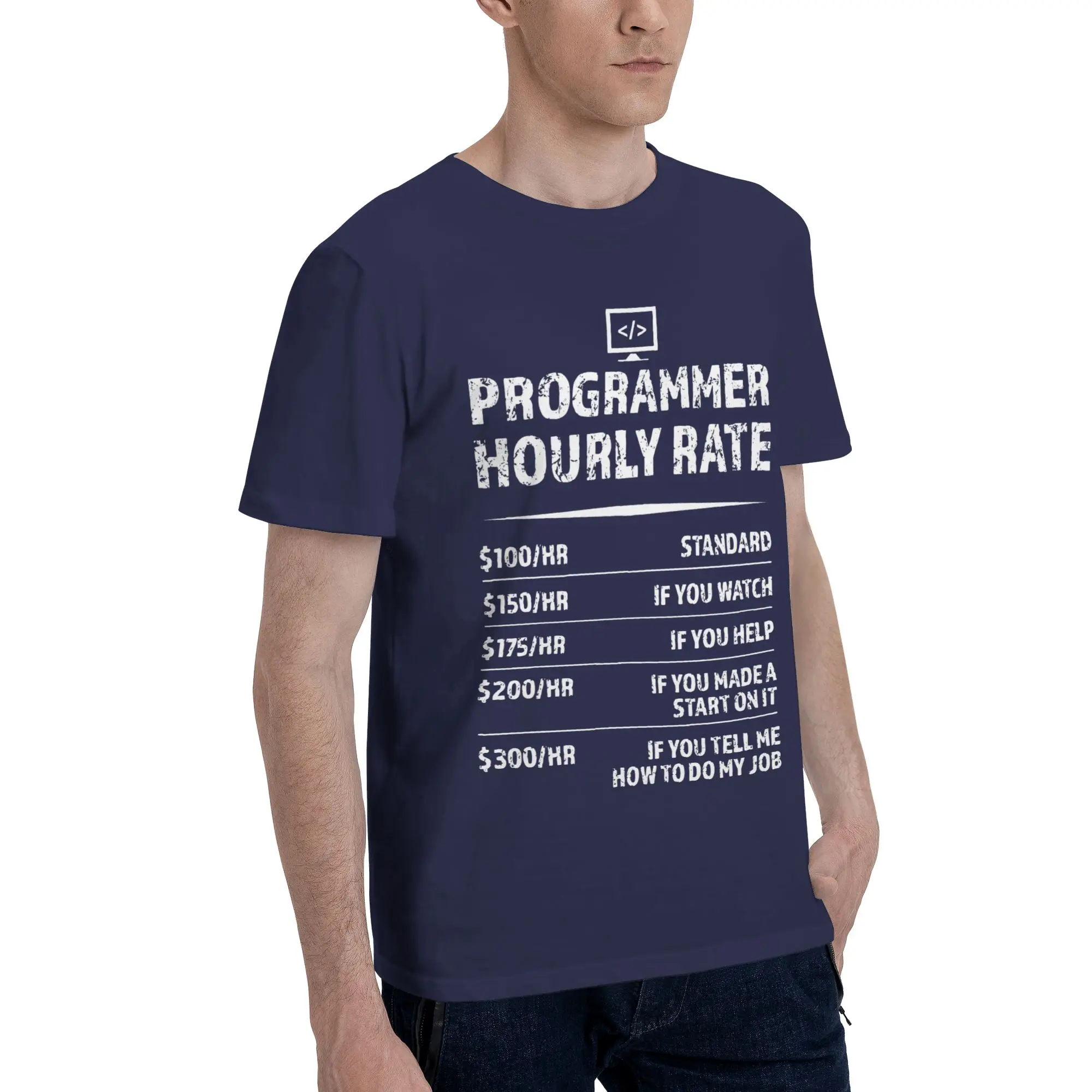 Men T-Shirt Programmer Hourly Rate Funny Coding Humorous Cotton Tee Shirt Short Sleeve  T Shirts Crew Neck Clothes New Arrival