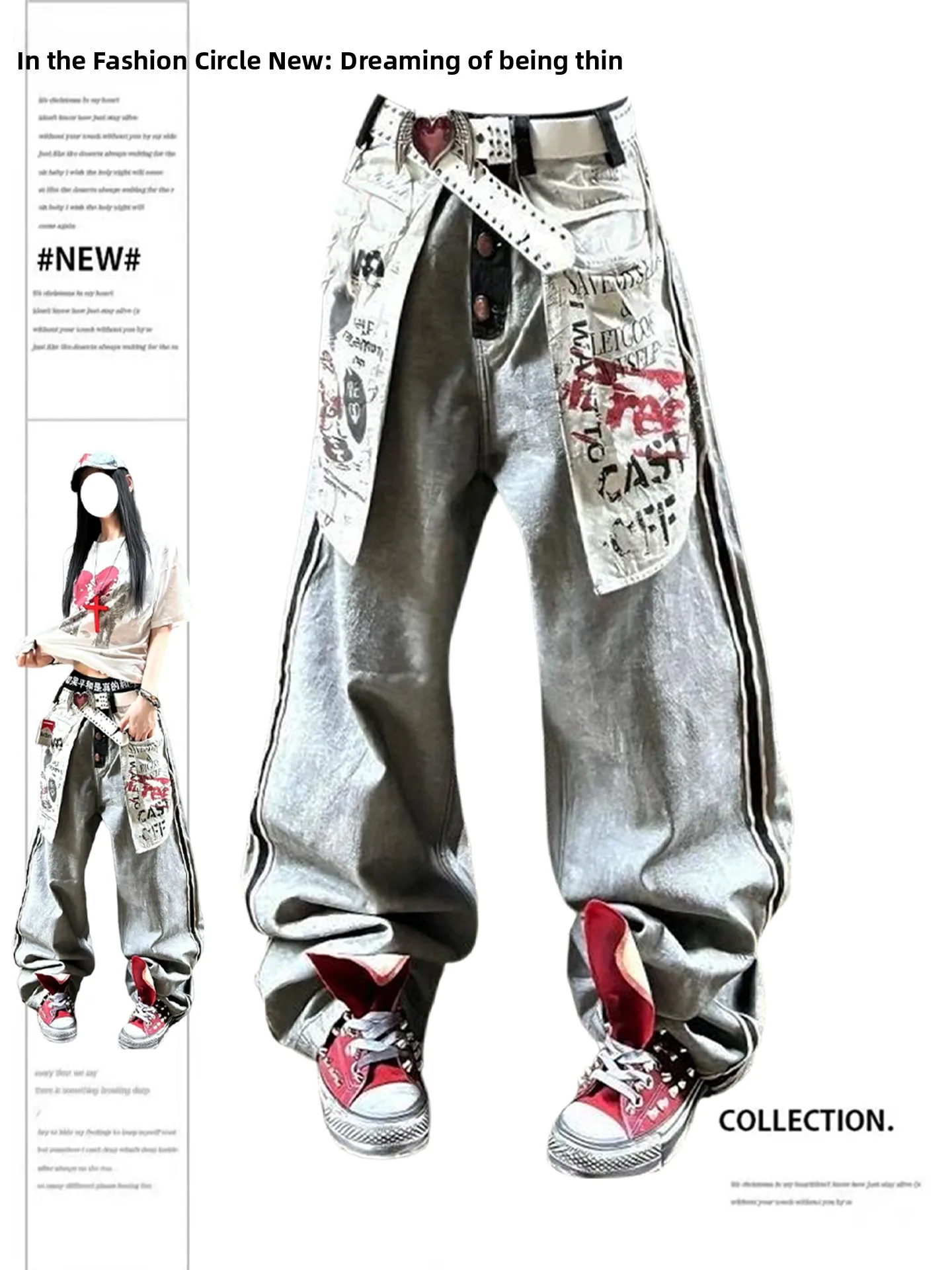 

Waed Vintage American Sle Large Size Jeans Streetwear Printed Bawards Wide Leg Pants Casual High Waist Long Trousers