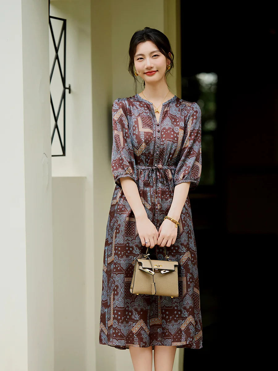Winsleter-100%Real Silk Elegant Dress, 3/4 Sleeve Geometry Print, Women French Retro Temperament Dresses, 2026 Summer D65444CC