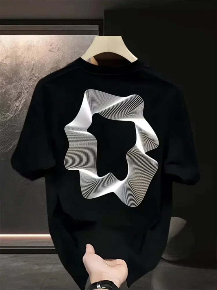 

2025 New Hot Summer New Design Geometric Shape Printed T-shirt Boys and Young Students Loose Cotton Round Neck Half Sleeve