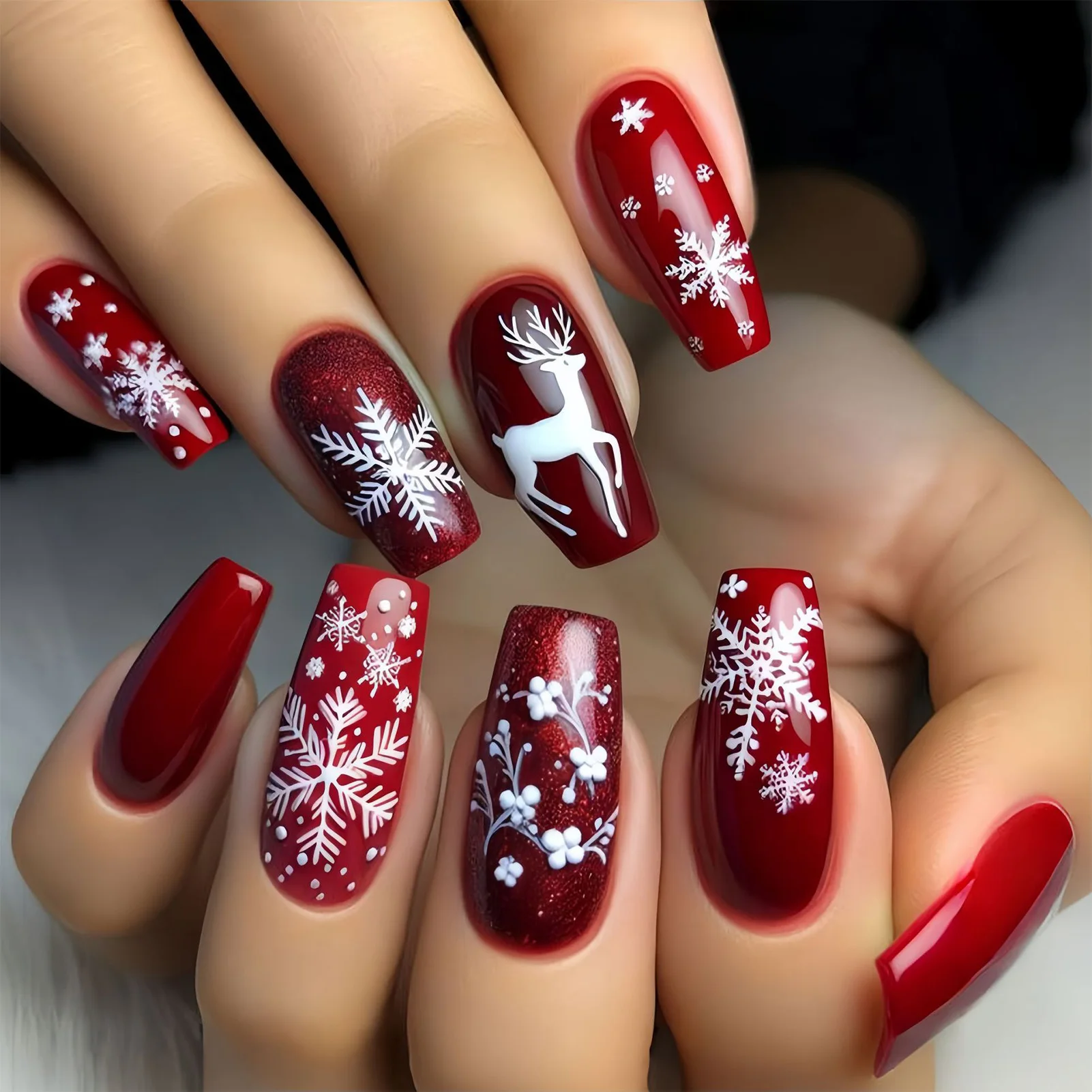 Red Christmas Fake Nails for Women Girls 24Pcs Medium-length Square Press On Nails White Snowflake/Elk Printed Party False Nails