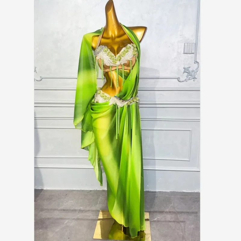 أزياء الرقص الشرقي المخصصة فستان الأداء للنساء 2025 مجموعة جديدة من فستان ممارسة الرقص الشرقي للنساء أصفر وأخضر