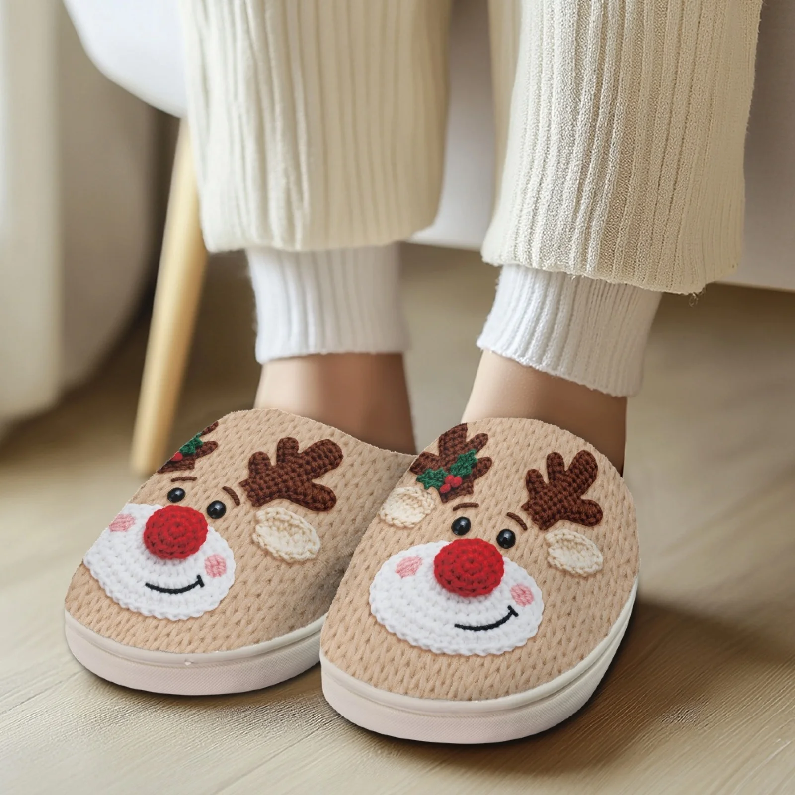 PENSTROLL Christmas Reindeer Cute Fuzzy Slippers Cotton Slippers for Home Extra Warm Thermal Slippers For Winter