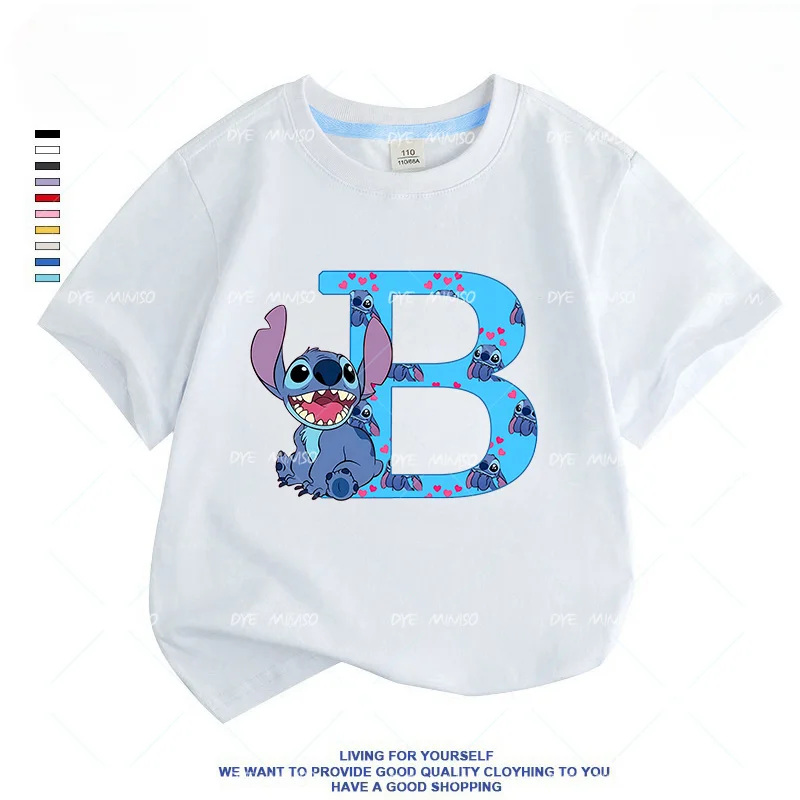 White Melody Anime Stitch Letter ABC Children's Short-sleeved New Sanrio Summer Kawaii  T-shirt Clothes Girly Heart Soft Clothes