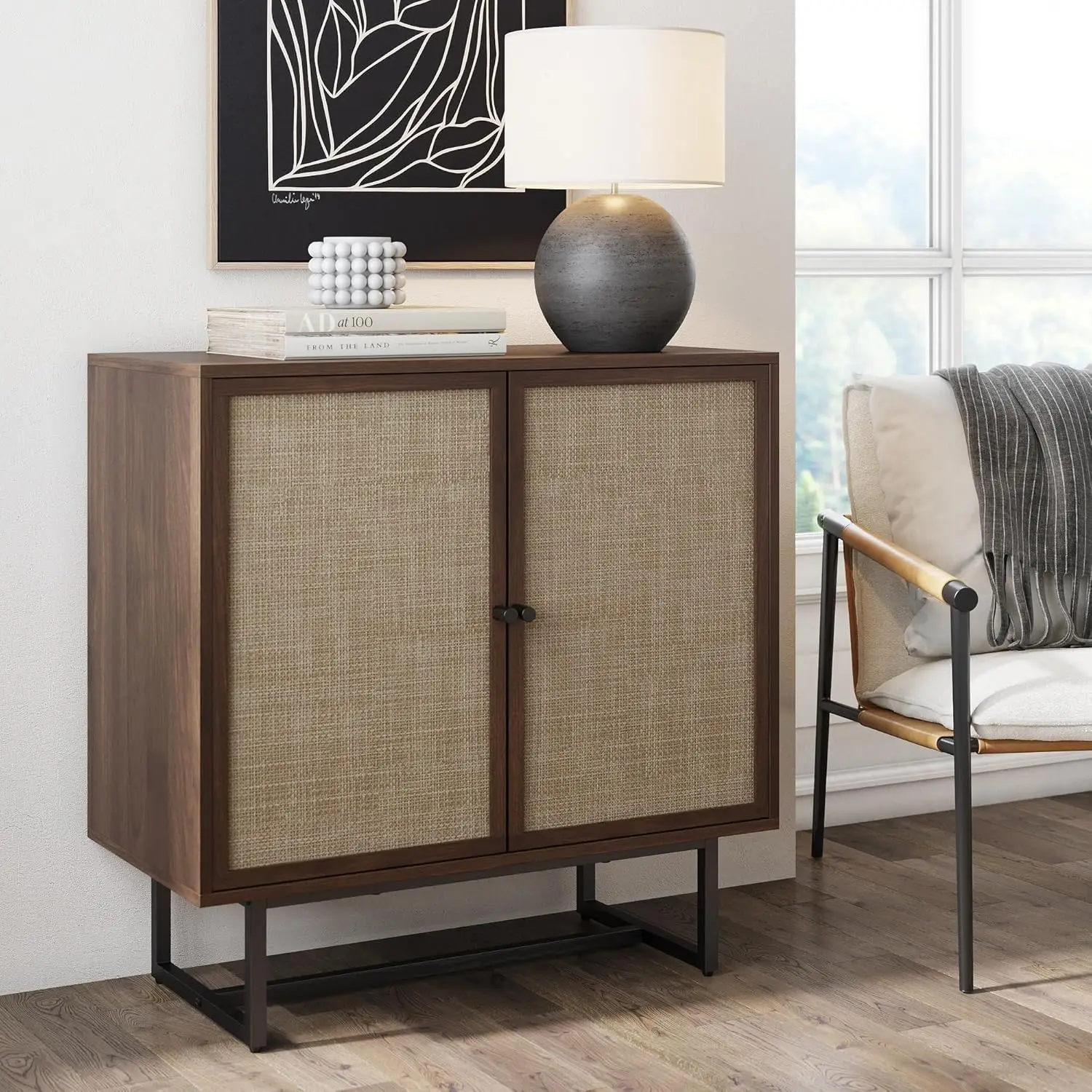 Bohemian Rattan Accent Sideboard Storage Cabinet, with Doors and Matte Black Legs, Dark Brown/Black