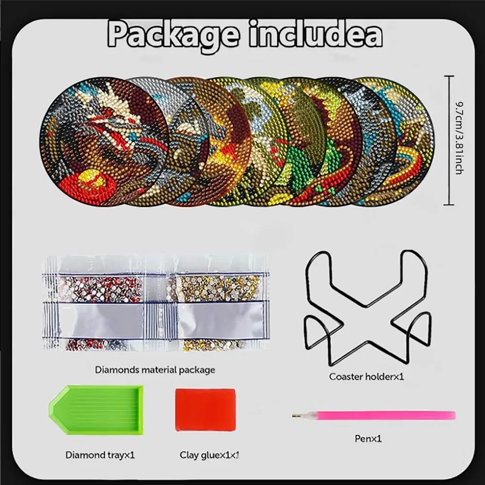 8 pieces/set Dragon Diamond Painting Cup Mat Set, DIY Cup Mat with Bracket for Beginners, Art and Craft Supplies Gift