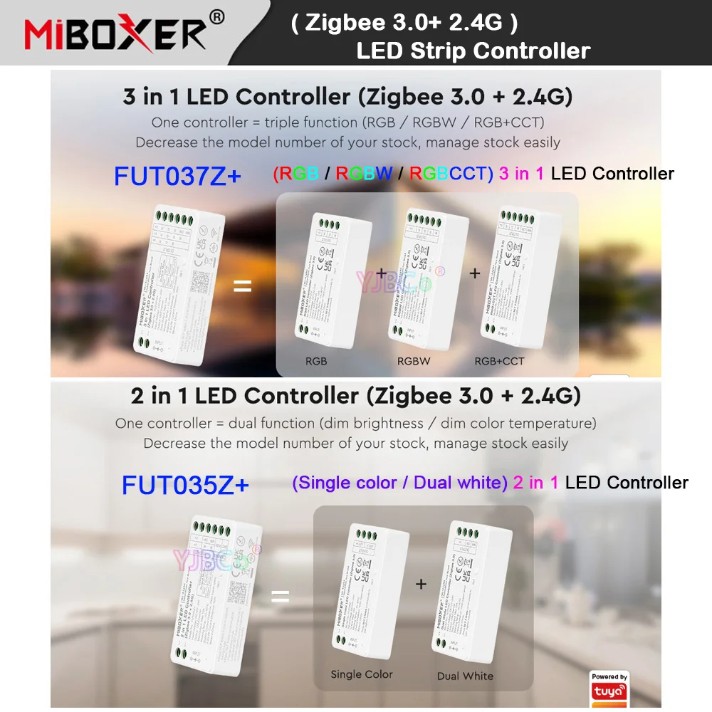 Miboxer Zigbee 3.0 Single Color/Dual White RGB/RGBW/RGBCCT LED Strip Controller 2.4G Tuya app 2/3 in 1 Light Tape dimmer 12V 24V