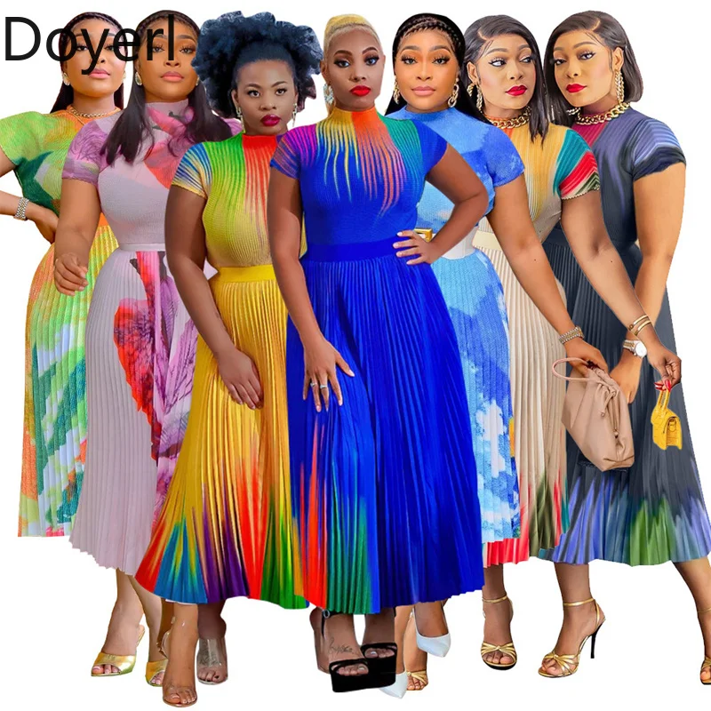 Ensemble deux pièces élégant pour femmes, tenues de printemps et d'été, petit haut à manches courtes + robe Maxi plissée taille haute, ensembles assortis