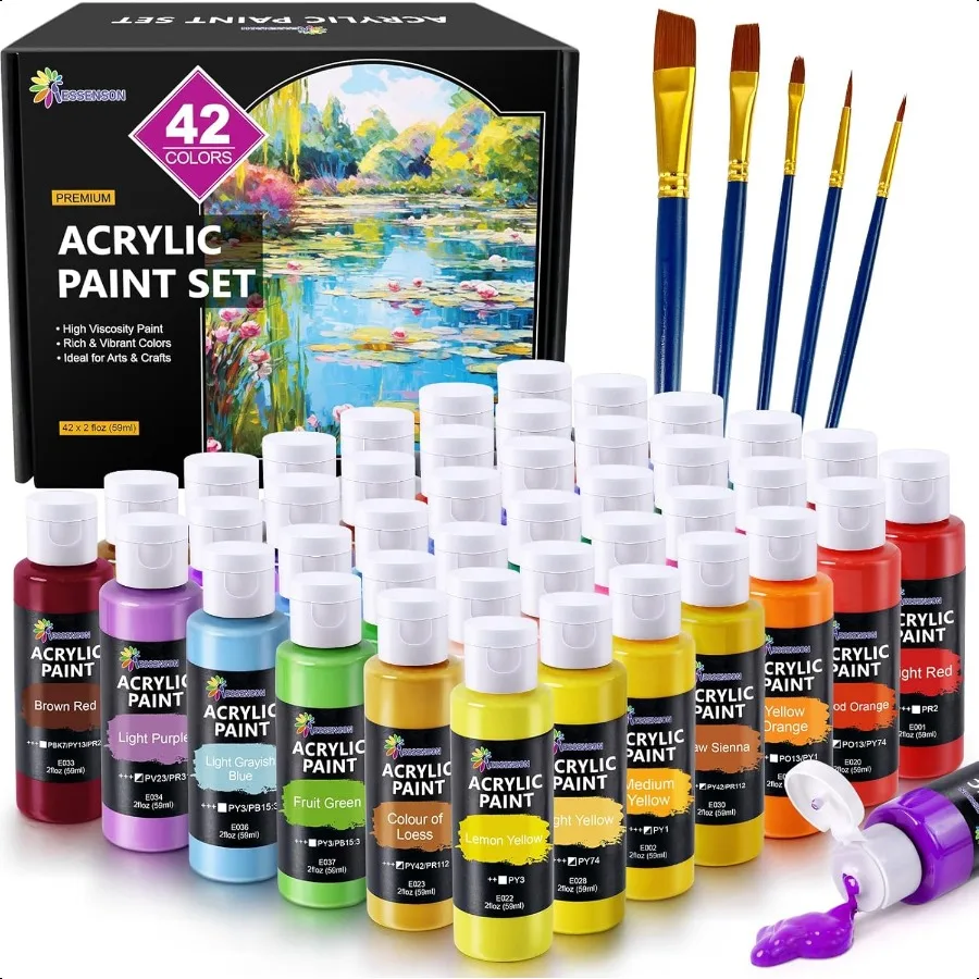 

ENSON Acrylic Paint Set 42 Colors Acrylic Paint with Brushes 2oz Bottles Rich Pigments for Artists Adults Art plies for Canvas