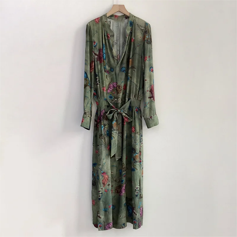 

Zadig Summer Robes Women Casual Loose Green Rayon Long Dress Female V-Neck Chic Pocket New Fashion Lady Elegant Long Robes