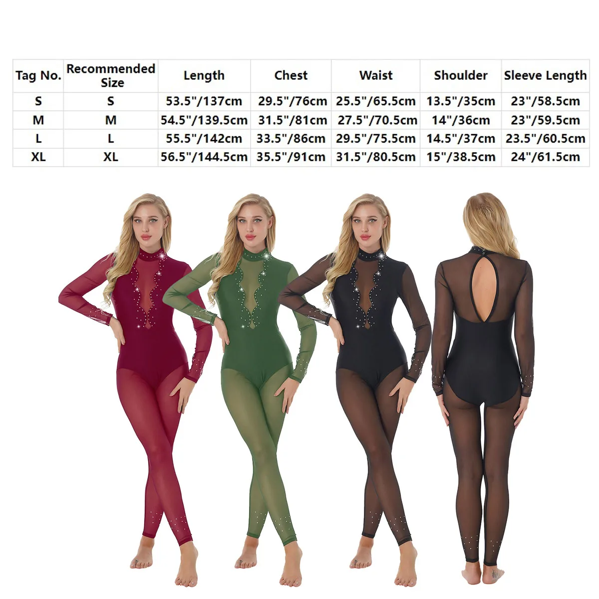 Womens Sparkling Rhinestone Body Jumpsuit Mesh Single Long Sleeve Ballet Gymnastics Leotard Fitness Sports Figure Skating Suit