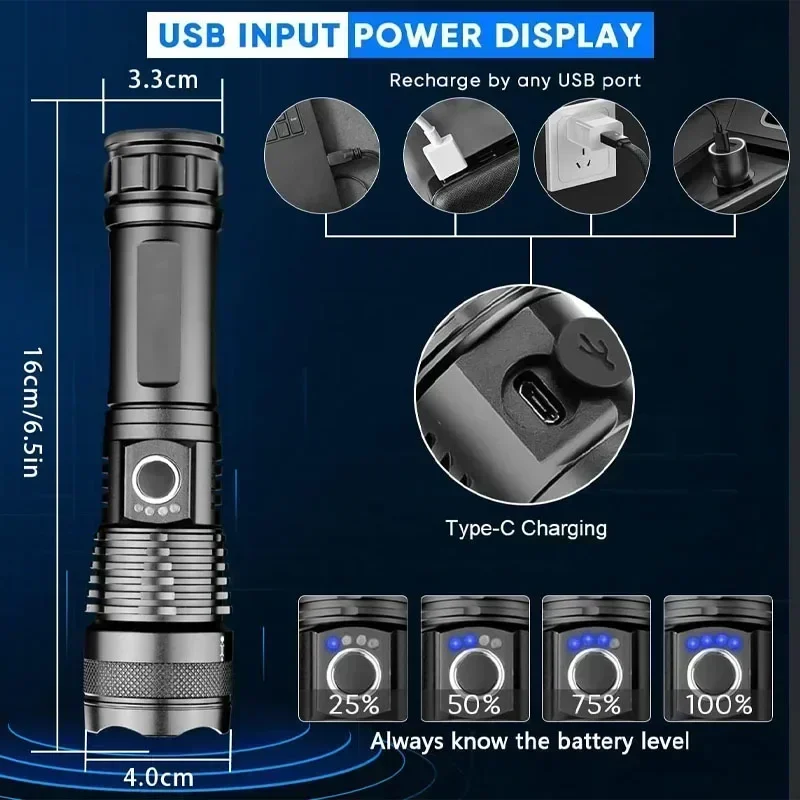 High Power LED Flashlights USB Rechargeable Tactical Torch Ultra Powerful Outdoor Long Range Camping Fishing Emergency Lantern