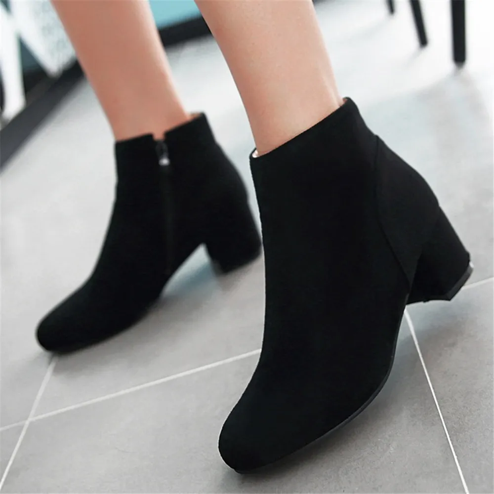 Spring Autumn Classic Flock Women Ankle Boots Fashion Female Boats Mujer Chunky Heels Comfortable Side Zip Short Bare Booties