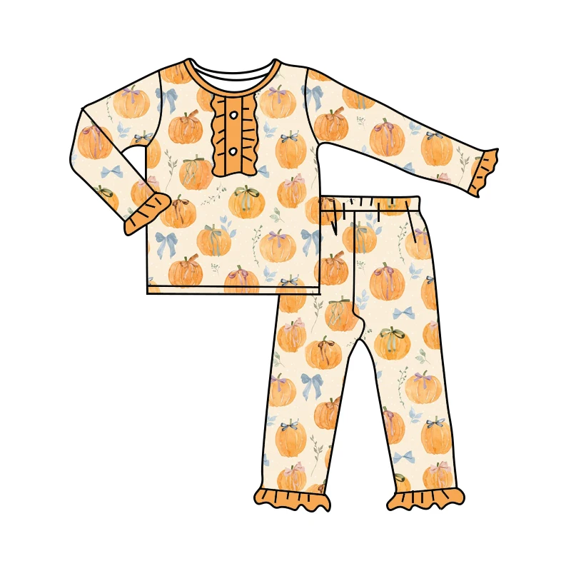 Thanksgiving new pumpkin and bow print orange lapel milk silk material boutique girls pajamas set matching romper and robe