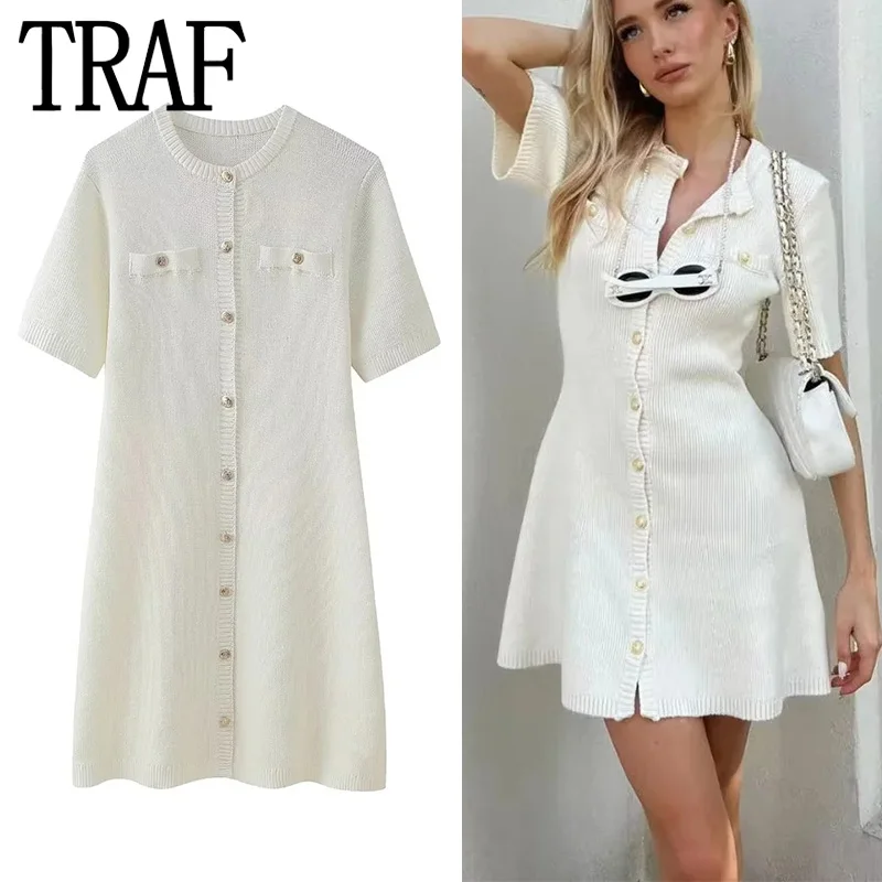 TRAF Woman 2024 Knit Mini Dress Summer Short Sleeve Sweater Dress Women Button Up Short Dresses Fashion Elegant Women\'s Dresses