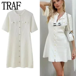 TRAF Woman 2024 Knit Mini Dress Summer Short Sleeve Sweater Dress Women Button Up Short Dresses Fashion Elegant Women's Dresses