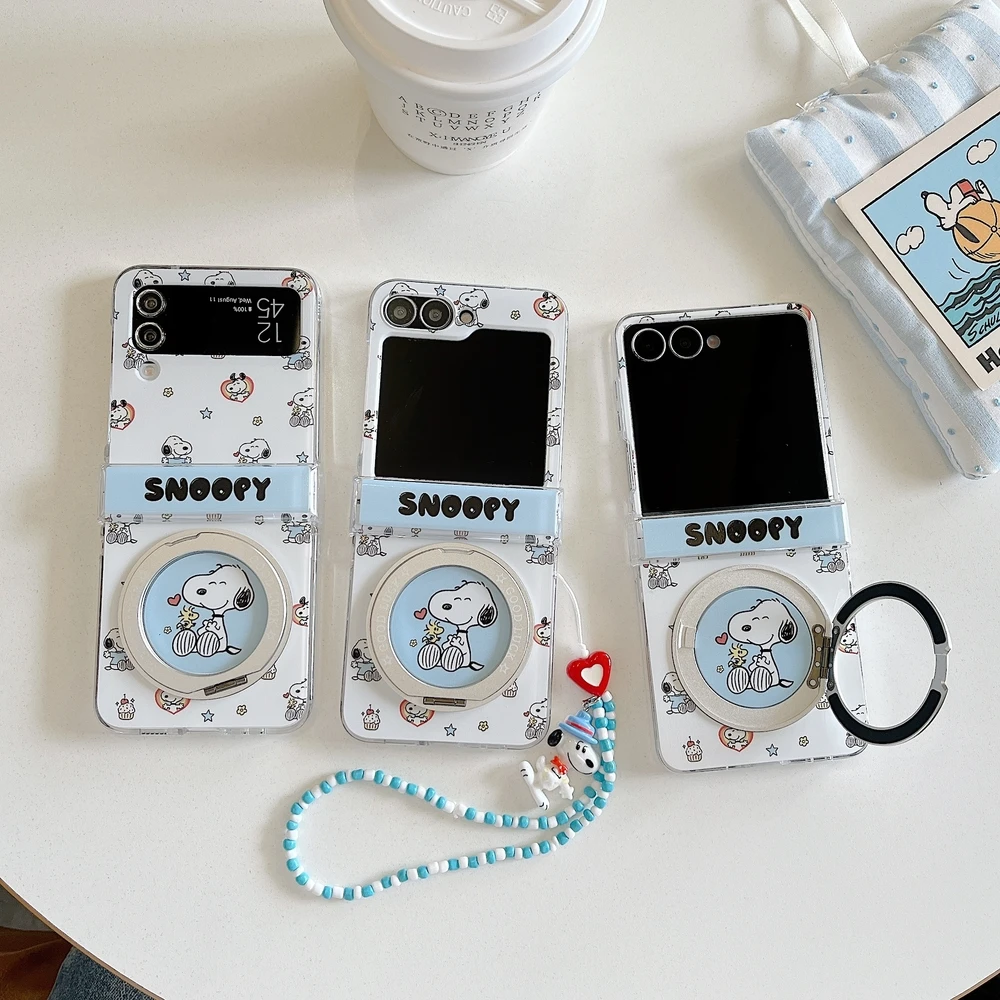 Lindo Dibujo Animado de Snoopy y Charlie Brown 360 ° Funda con soporte giratorio para Samsung Galaxy Z Flip 7 6 5 4 3 con anillo de sujeción