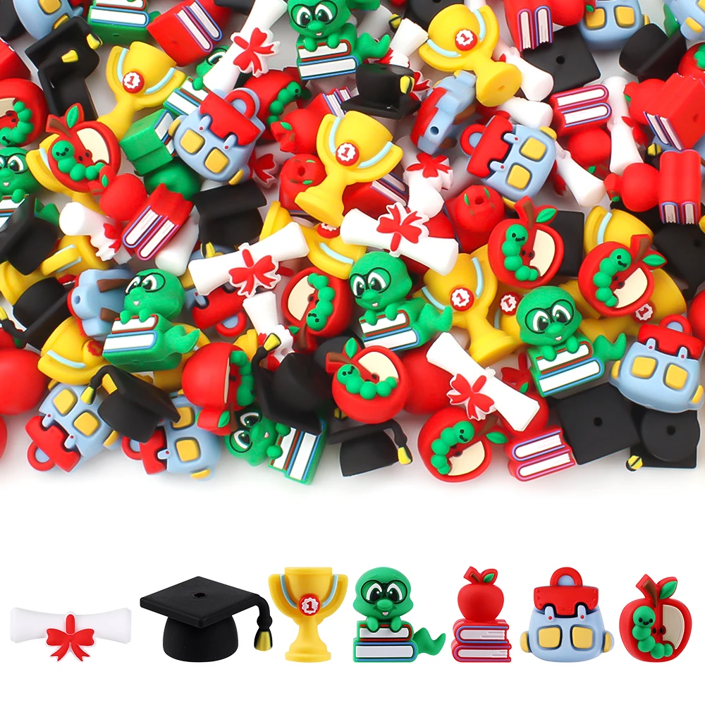 5/10pcs Graduation Theme Silicone Beads 3D Bachelor's Cap Bookworm Backpack Focal Beads DIY Jewelry Pen Caps Making Supplies