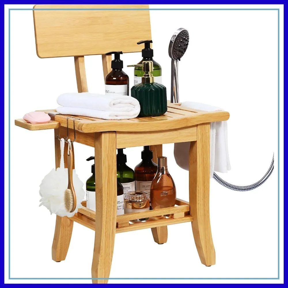 

2-Tier Bamboo Shower Chair with Storage Shelf, Waterproof Bath Stool for Seniors, Adults, Disabled, Pregnant
