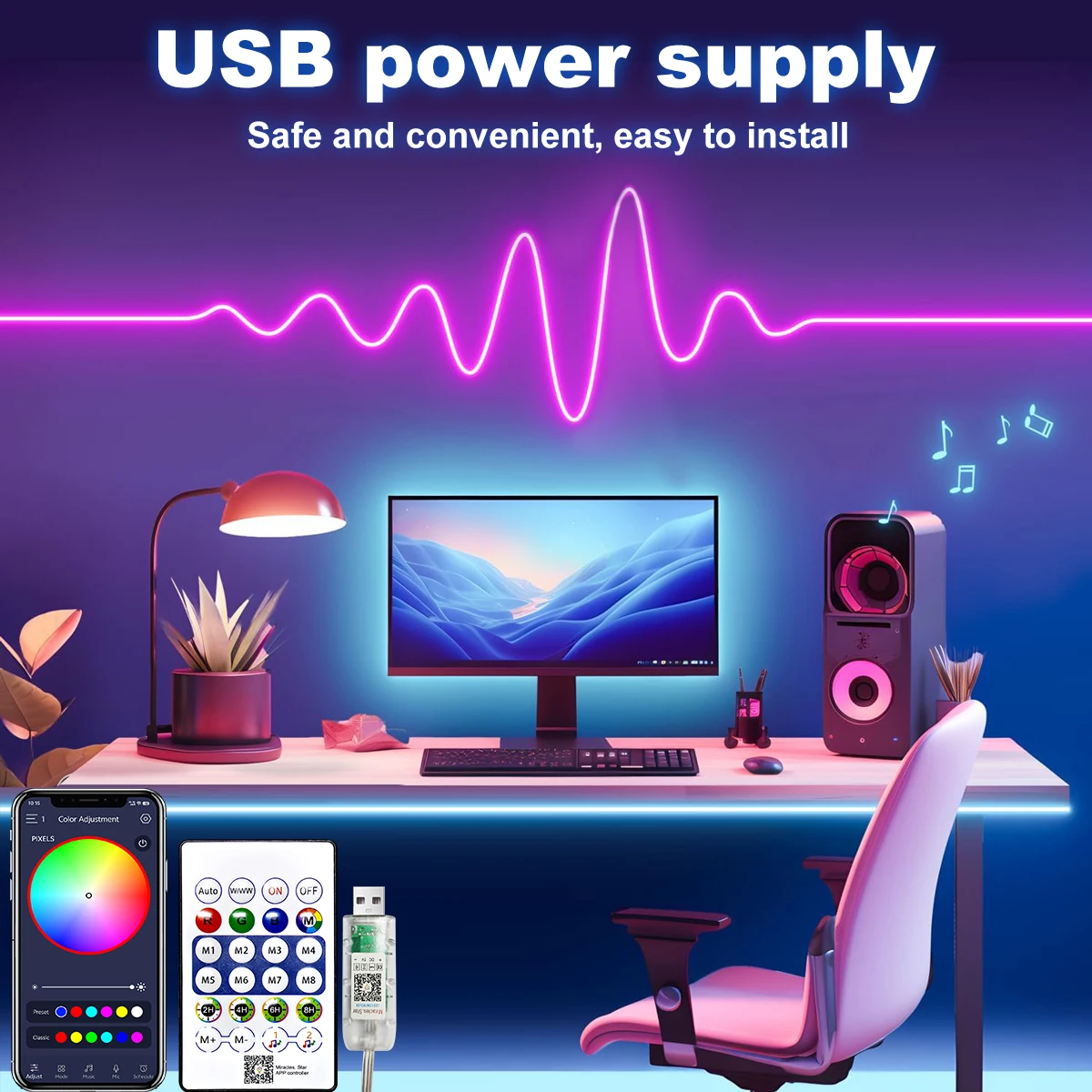 

Neon Strip Light USB Iridescent Flexible Ribbon Tape Neon Lights with Bluetooth Remote Control Living Room Bedroom Wall Decor