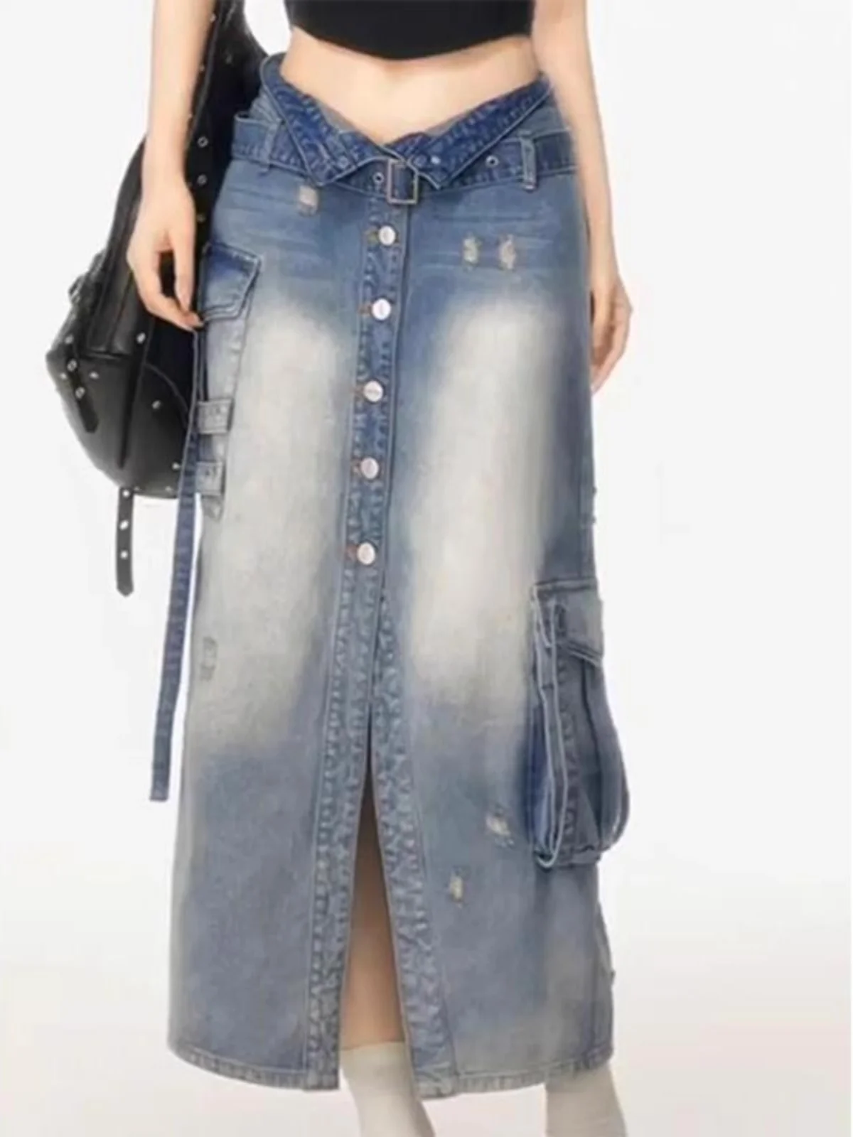 Cintura alta americana retro divisão workwear saia jeans comprimento médio f saia efeito de emagrecimento perfeito para outono inverno estações