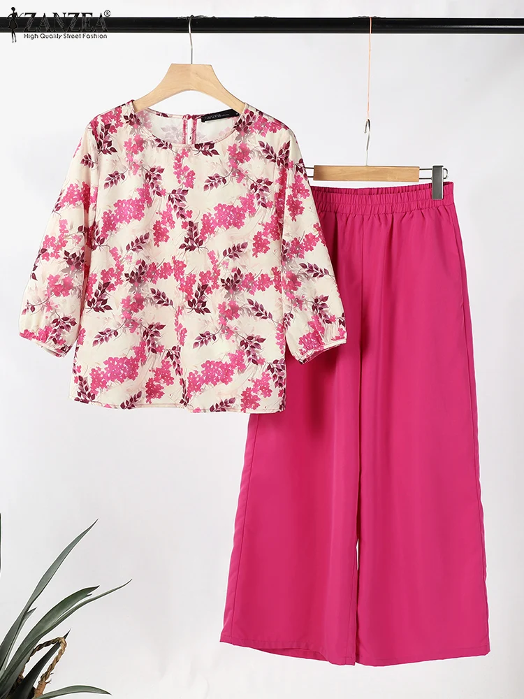 

ZANZEA Plus Size Pant Sets Women Floral Print 3/4 Sleeve Tops Vintage Wide Leg Long Pants Sets Summer Outfits Casual Loose Suit