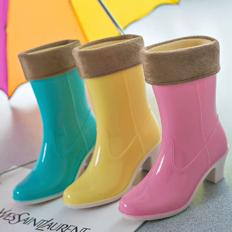 Spring Fashion Women Casual Outdoor Mid-tube Waterproof Rain Boots PVC High-Heeled Rain Boots Korean Version All-Match 36-40