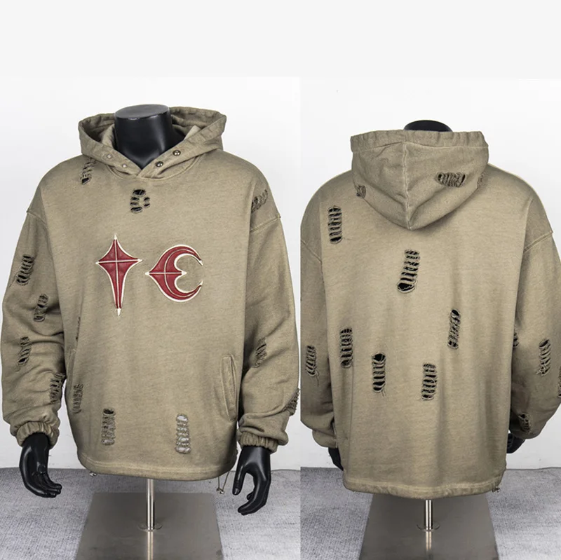 

Thug Club New Khaki Heavy Work Logo Embroidery Ripped Drawstring Casual Hoodie Spring Autumn Tidal Current Do Old Pullovers