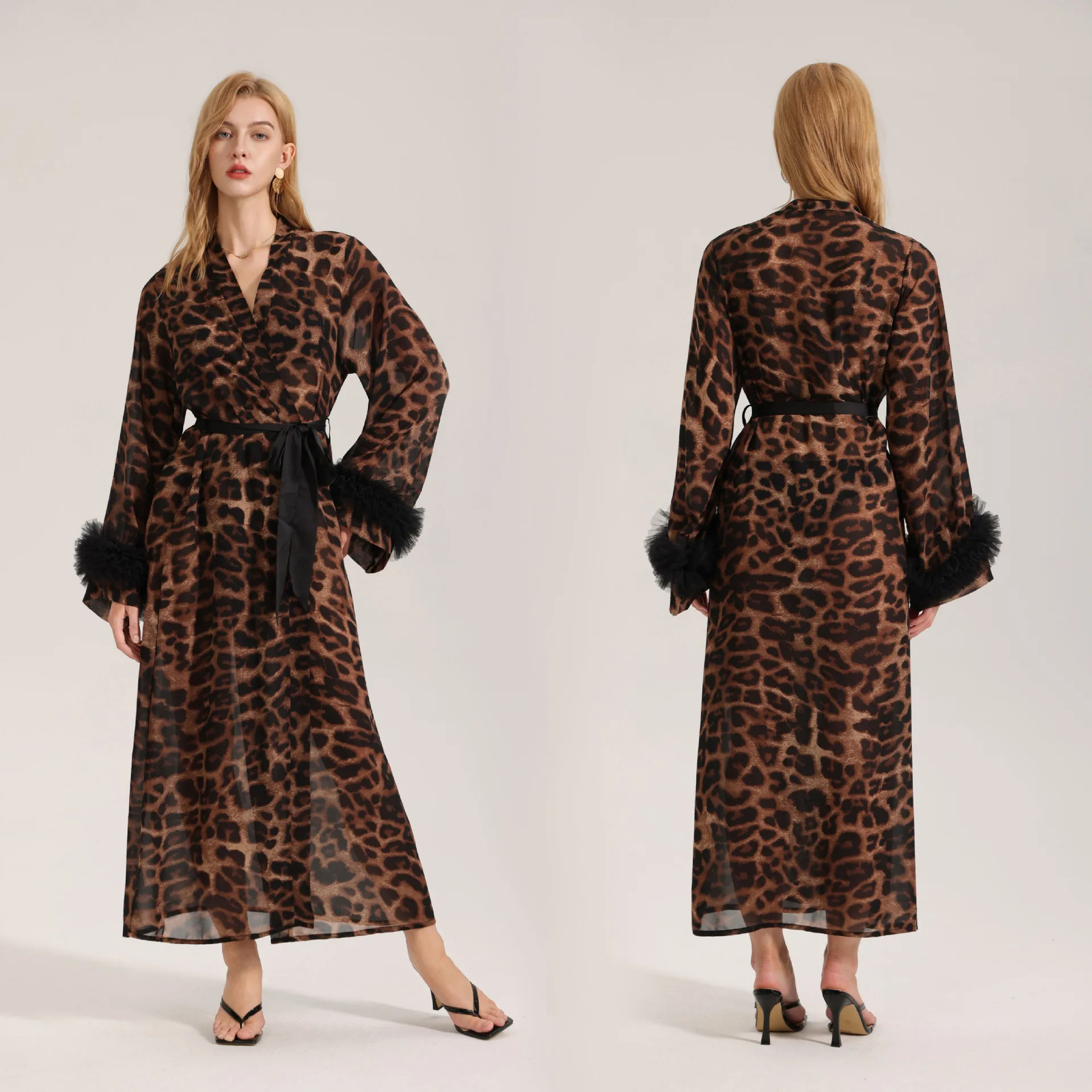 2026 New Leopard Print Nightgown for Women Summer/Autumn Long-Sleeved Lightweight Maxi Robe Pearl Gauze Wild Beauty Homewear 5