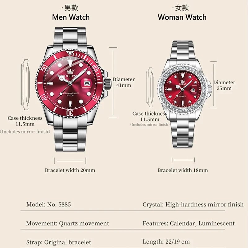 OLEVS 5885 Couple Watch Luxury Brand Quartz Watch Waterproof Watch Lover Gift Night Light Classic Luminous Big Week Date Watch