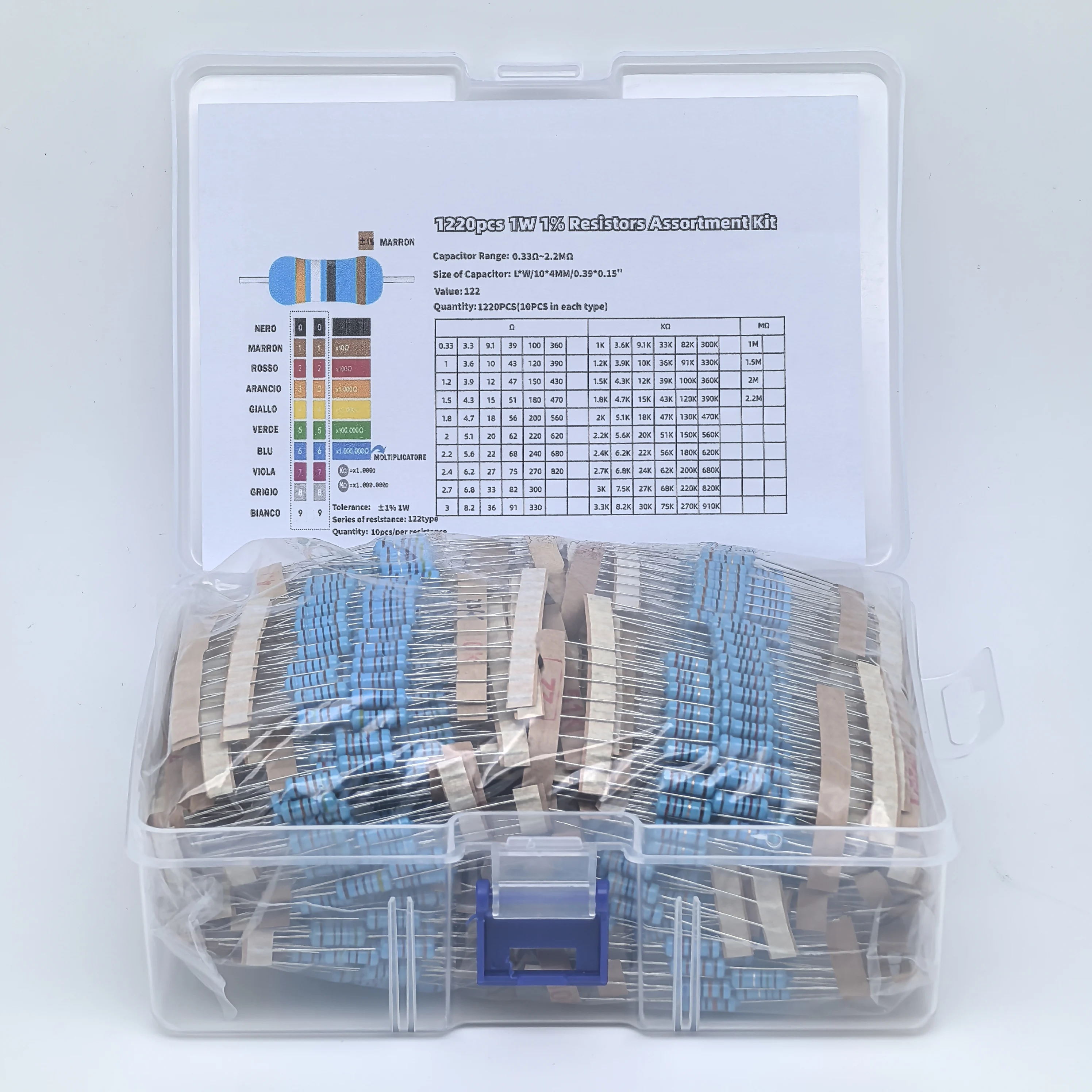 1220 Pieces of 1W Metal Film Resistors for Maintenance (122 Common Types, 1% Tolerance, 10 Pieces Each)