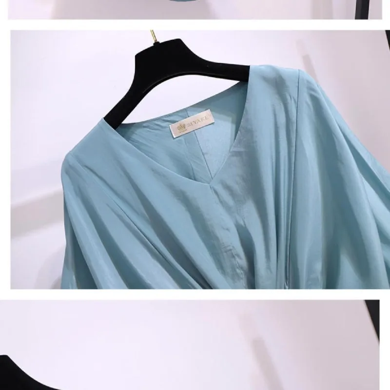 Women\'s 2024 Summer New Pullover V-neck Patchwork Folds Solid Color Elegant Minimalist Comfortable Short Sleeve Blouses Shirts