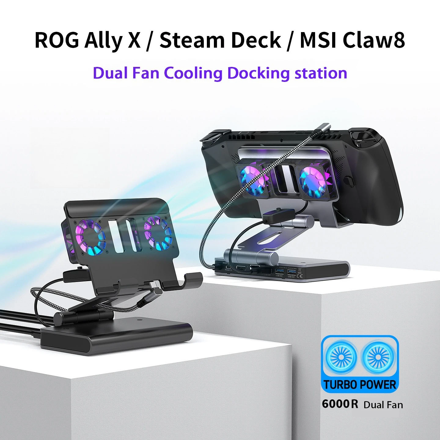 

Fans Docking Station 6-In-1 for Steam Deck/Legion Go/Rog Ally X/Msi Claw Adjustable Stand Steam Deck Dock Game Accessories Gift