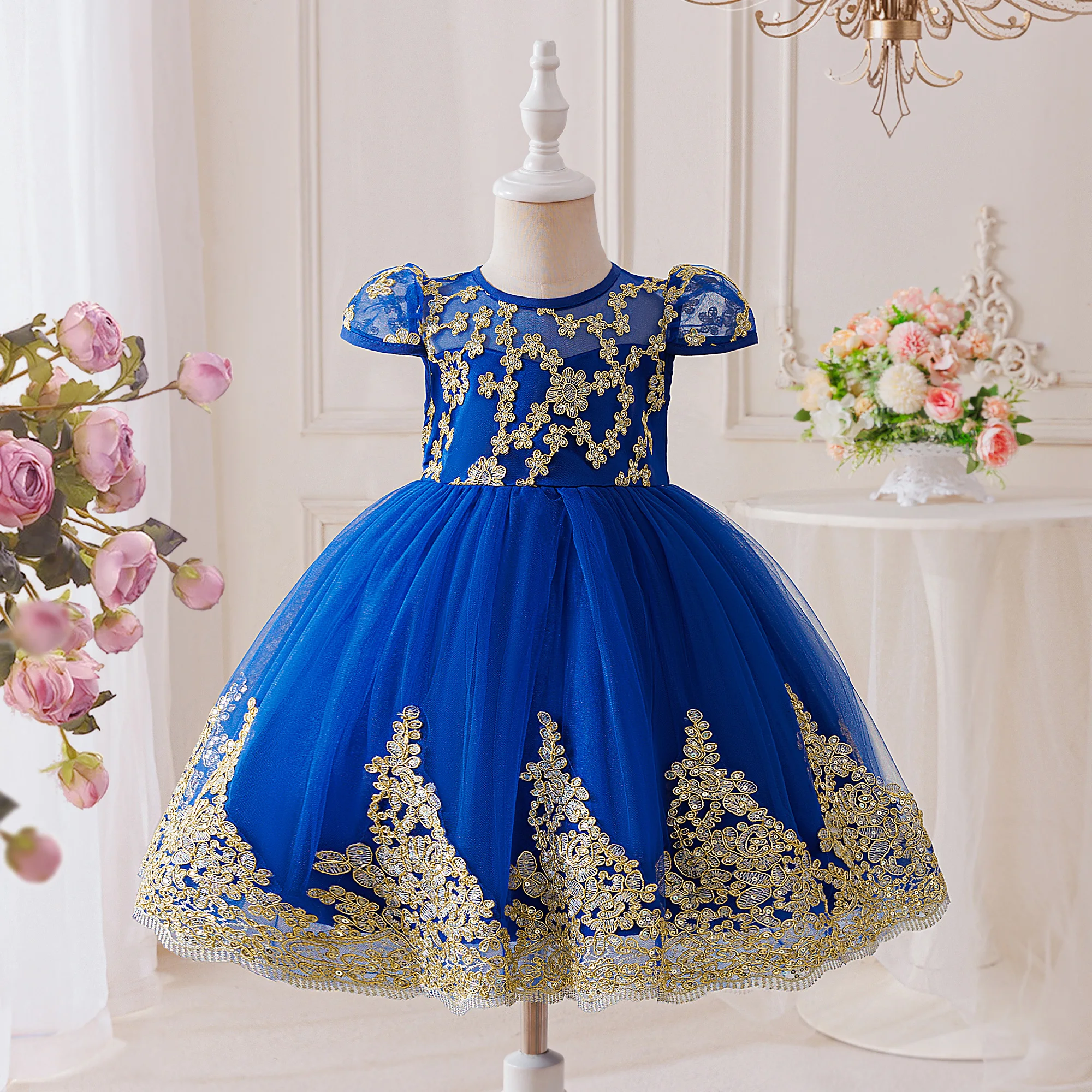 

Elegant Flower Embroidery Bridesmaids Party Girls Dress Formal Birthday Princess Dresses For Girl Bow Wedding Evening Prom Gown