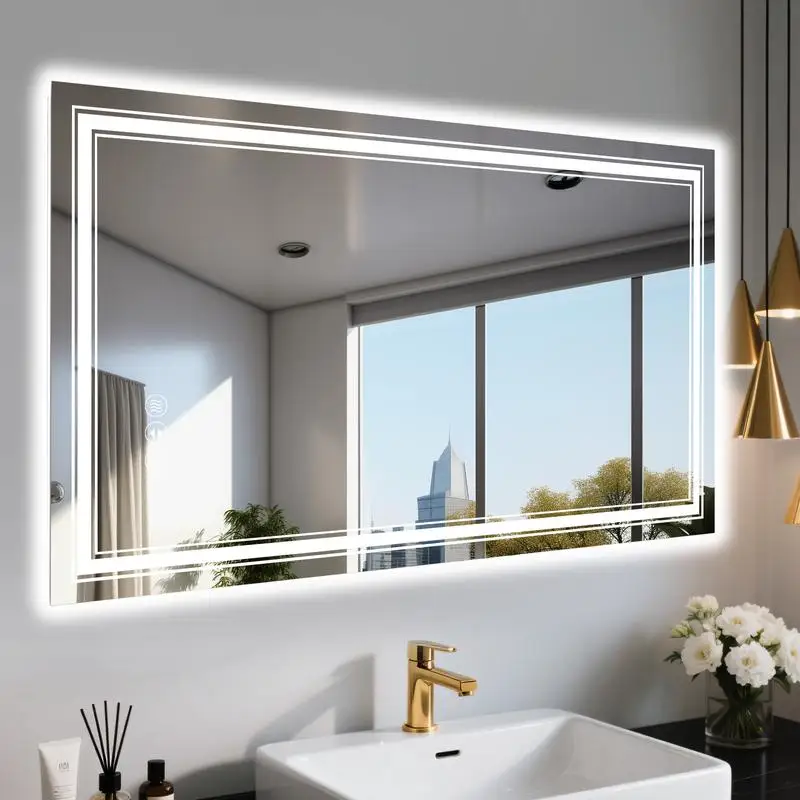 

55x30 Inch Frameless Smart LED Bathroom Mirror with Touch Control, Anti-Fog and Dimming Features